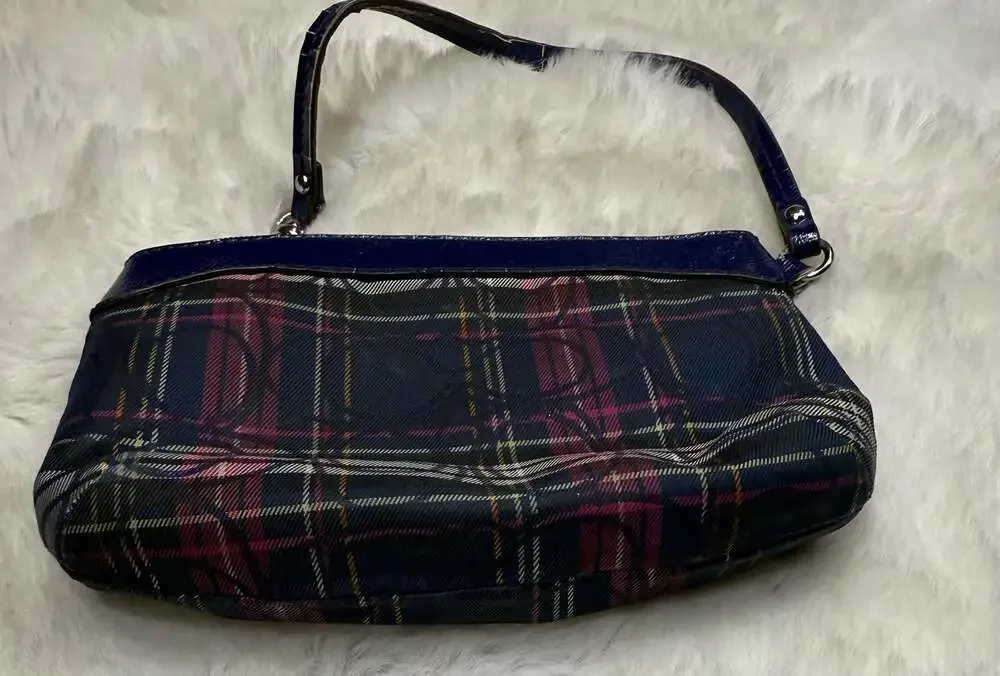 Coach Navy Tartan Plaid Print Wristlet with Patent Leather Trim